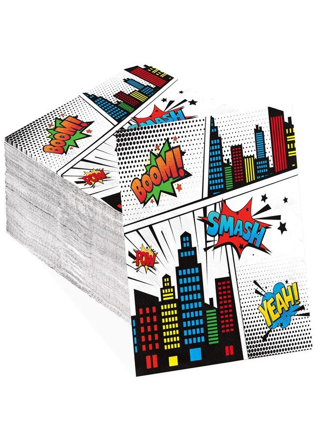 Grencian 100 Pcs Super Theme Hero Square Napkins Disposable White Comic Hero Paper Napkins Hero's Action Sign Cityscape Cocktail Napkin for Kids Baby Shower Spider Party Decorations Supplies - Image 1